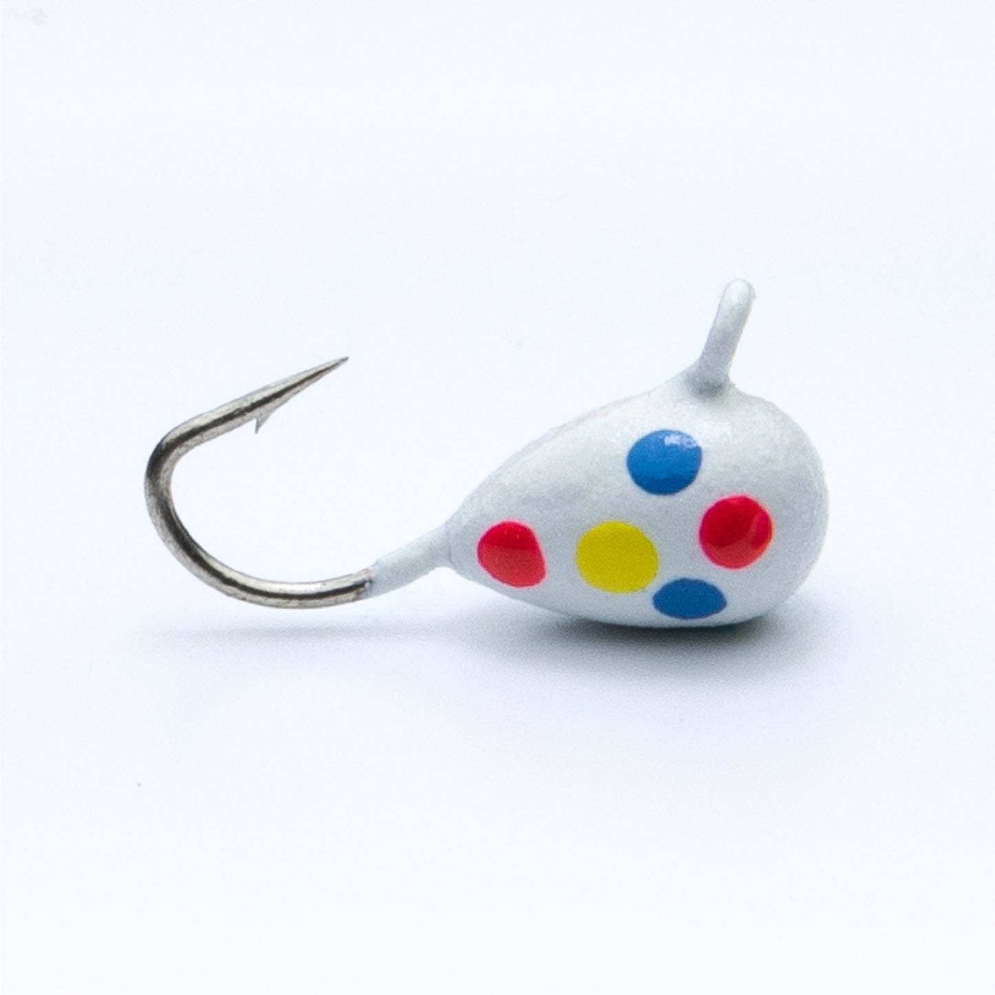 teardrop tungsten ice jig painted in wonder bread pattern