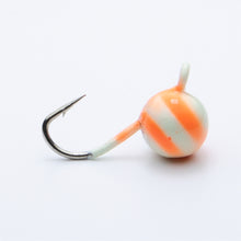 Load image into Gallery viewer, tungsten cannonball ice jig painted in orange glow candy stripes  
