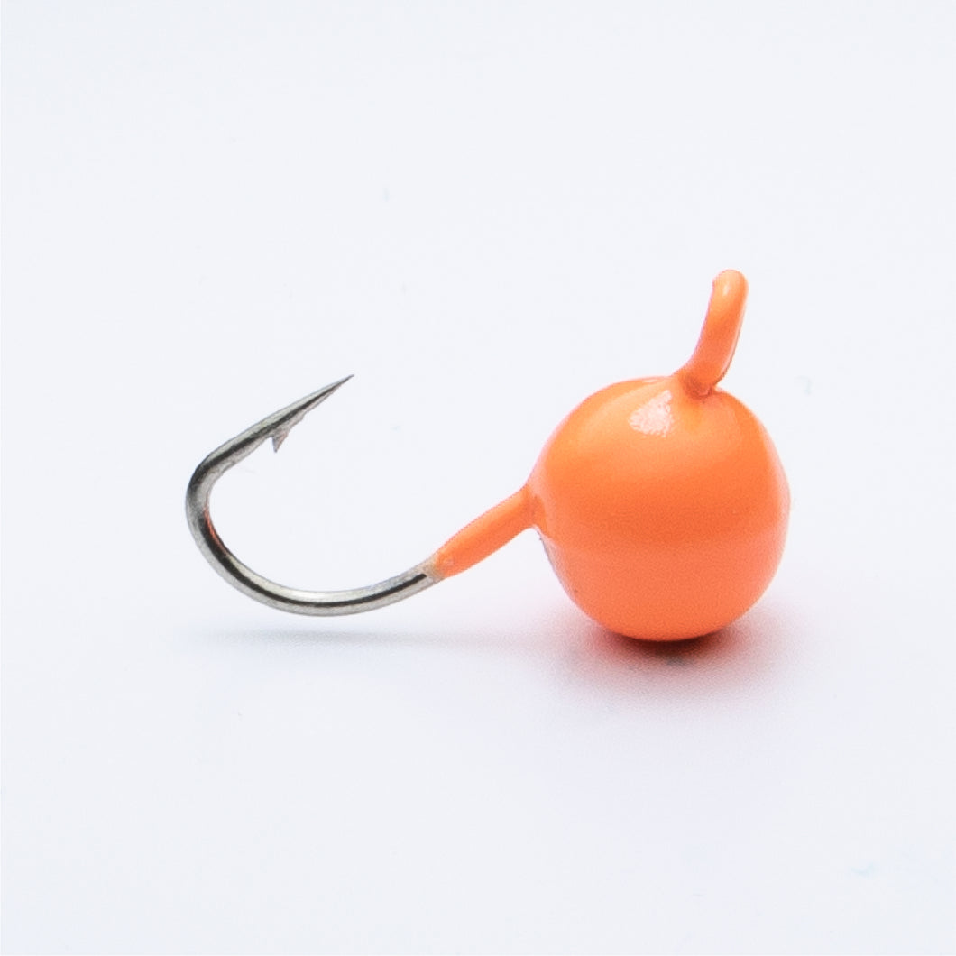 tungsten cannonball ice jig painted in orange glow  