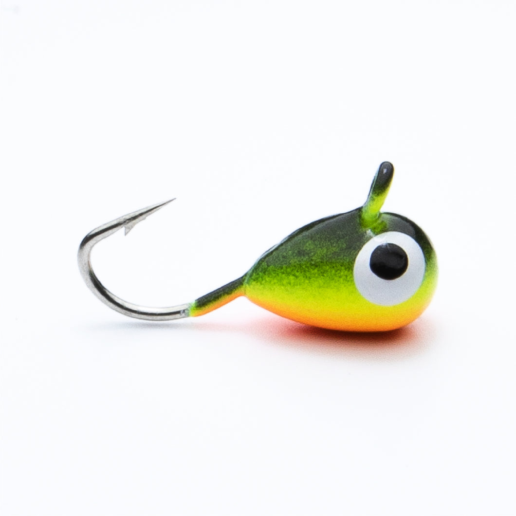 teardrop tungsten ice jig painted in perch color 